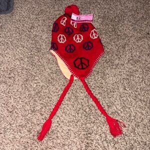 Y2K NWT red and grey peace sign knitted beanie with braided pigtails